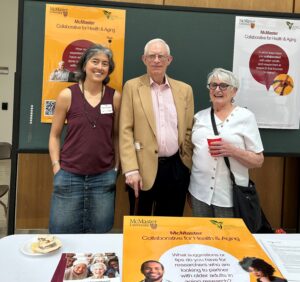 Older adult partner and caregiver Michael Kirk (centre) with McMaster Collaborative’s Managing Director, Dr. Soo Chan Carusone (left), and another older adult partner Donna Weldon.